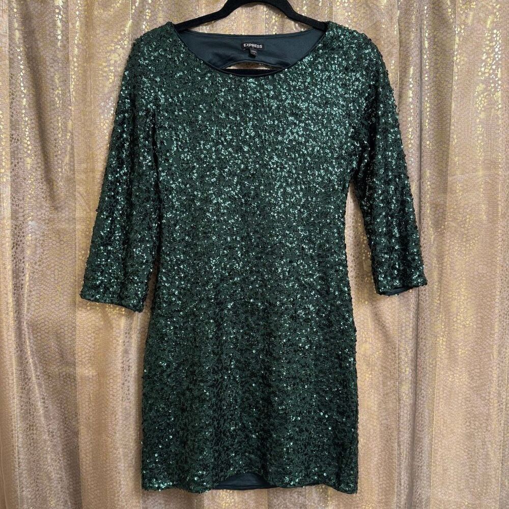 Express Dark Emerald Green Sequin Open Back Quarter Sleeve Mini Dress 8